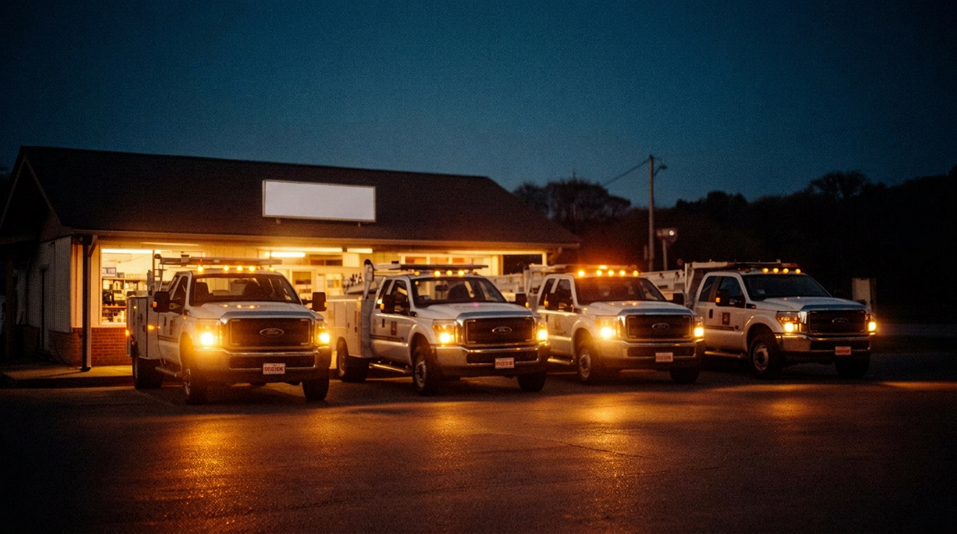 A small fleet of service work trucks lined up at a shop at dawn, headlights on
