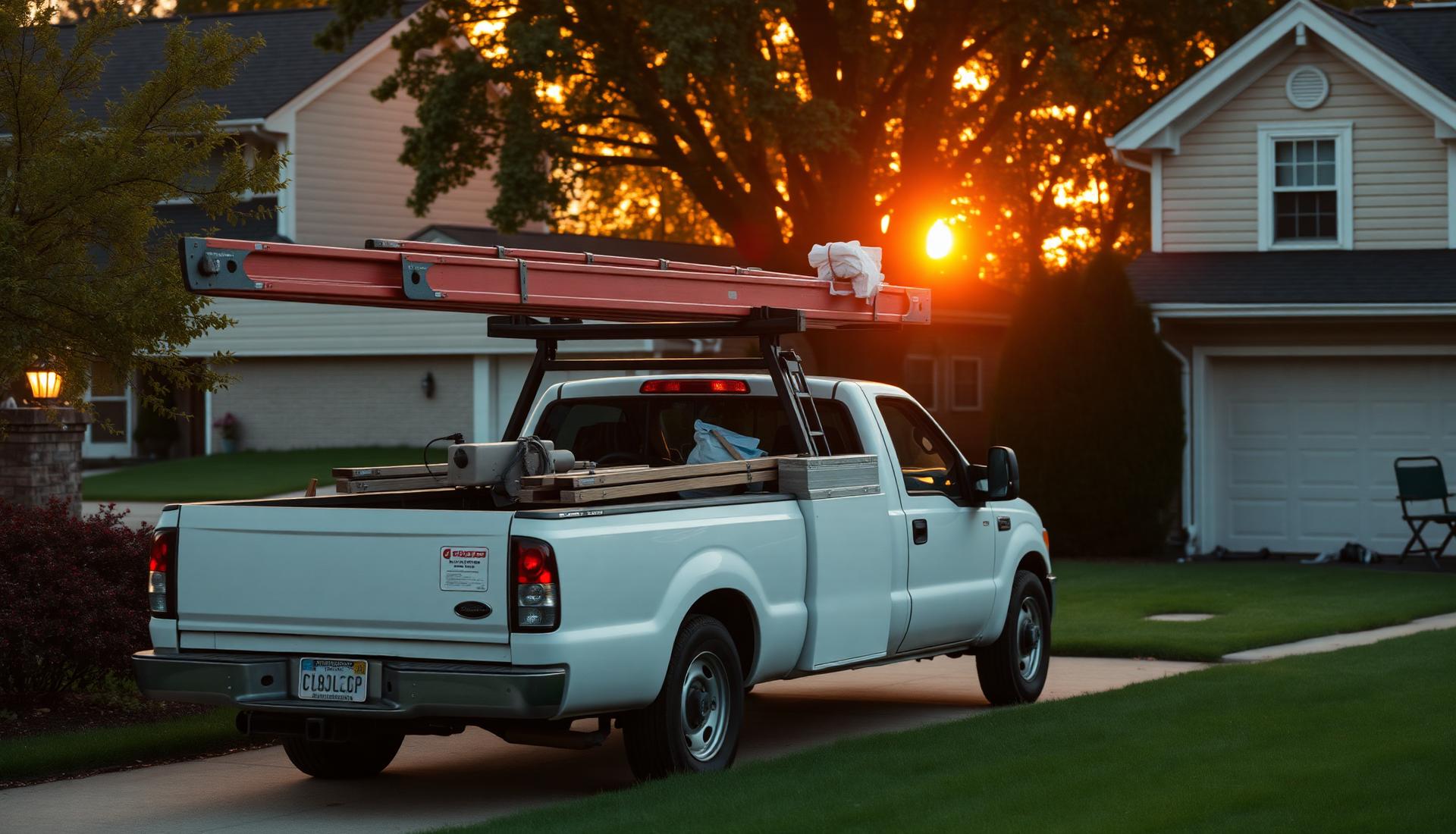 A service truck idling at dawn, headlights on, ready before anyone else