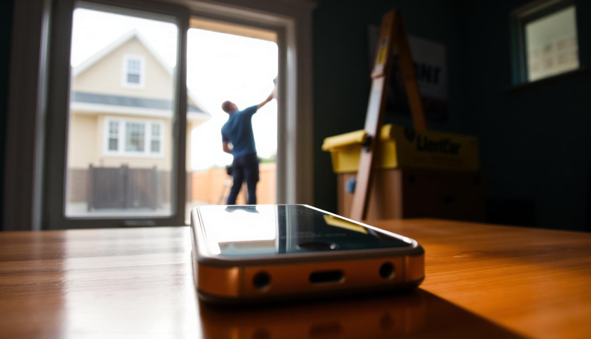 A phone face-down on a desk, a job site visible through the window behind it