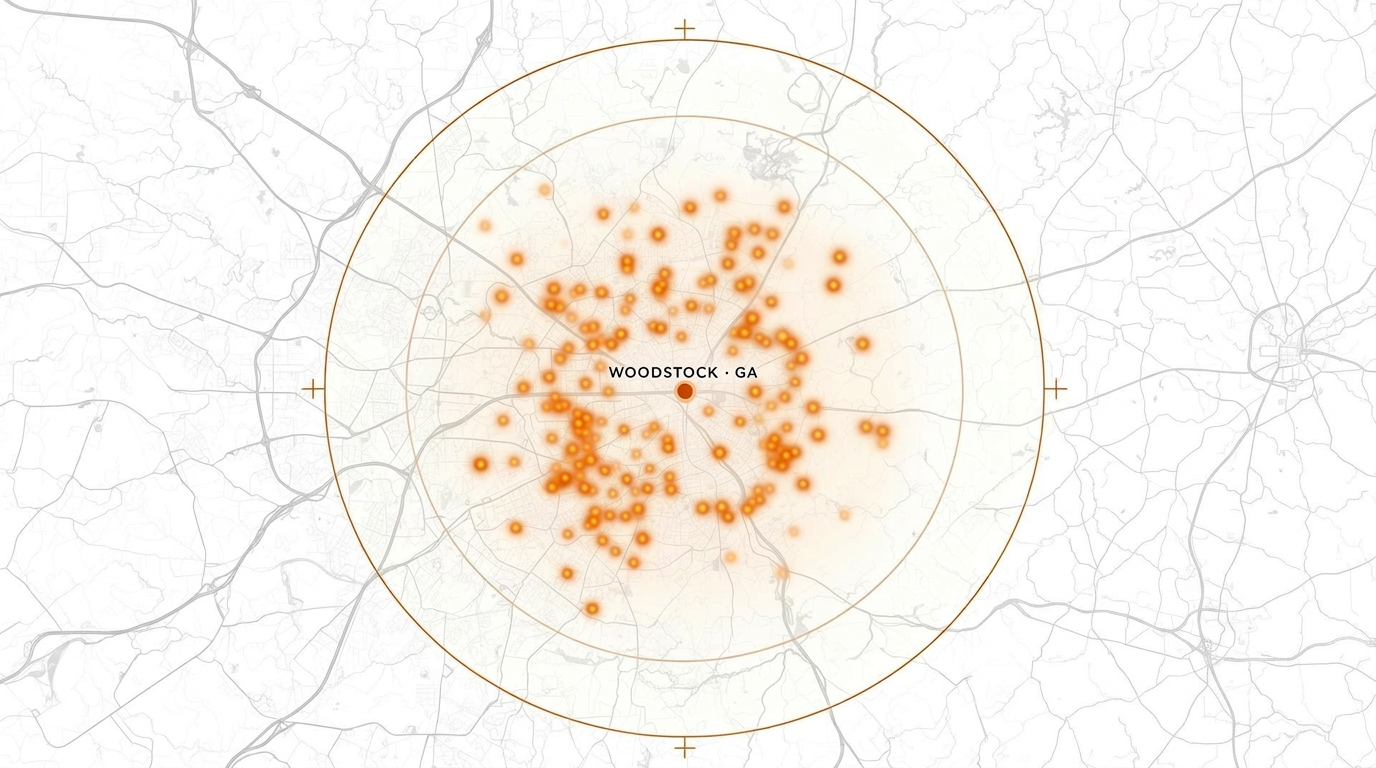 Map of Woodstock, Georgia showing 47 signed jobs as glowing dots within a 30-mile service radius