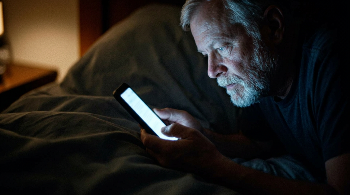 A man at 7 a.m. in bed, face lit by the cold glow of a phone screen