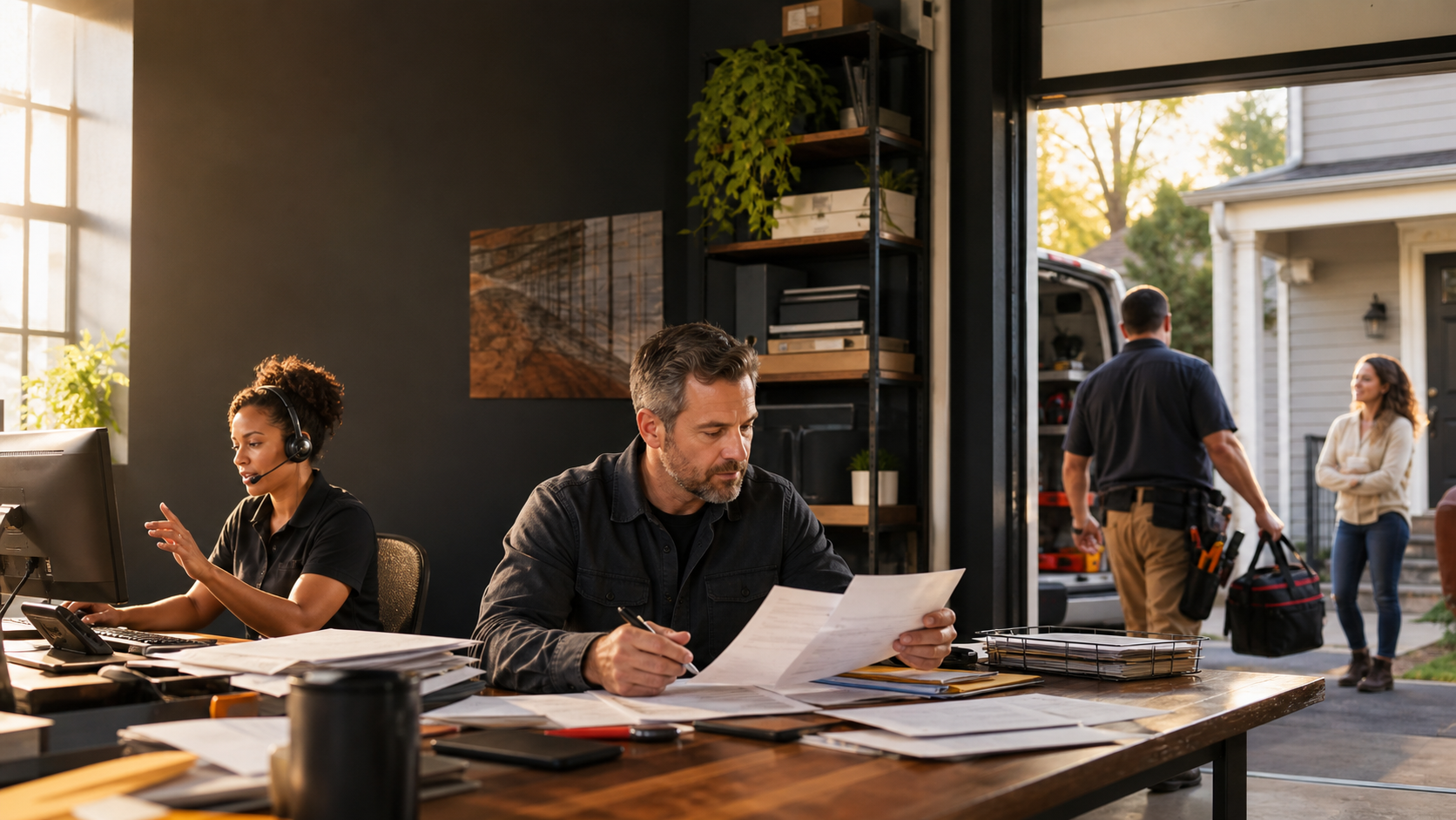 A local service business owner managing the daily pressure of a growing operation